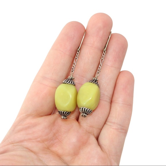 Vintage Serpentine Gemstone Sterling Silver Dangle Earrings Long Chain Leverback - Picture 2 of 4